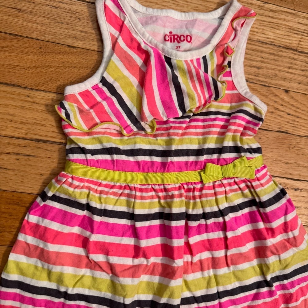 Circo Girls 3T Striped Sleeveless Ruffle Dress Pink Green Orange Cotton